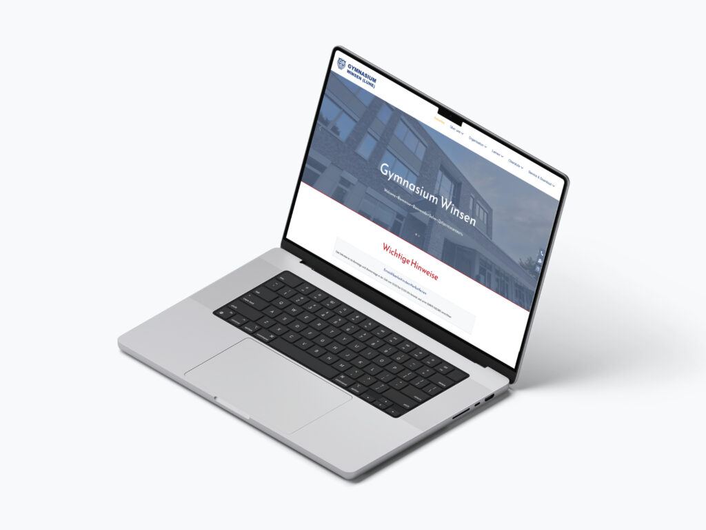 Ein Laptop zeigt eine Website auf weißem Hintergrund an.