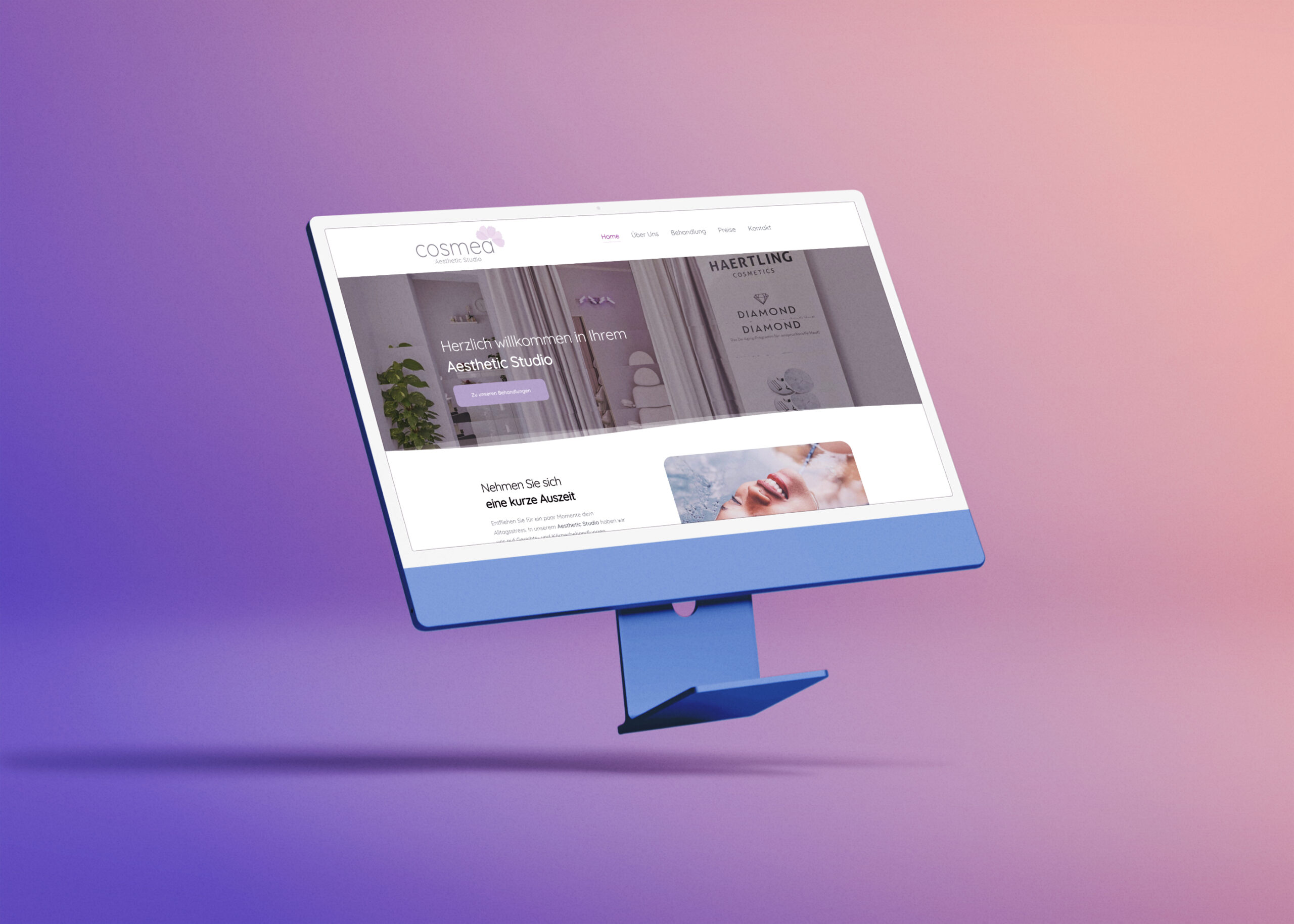 Eine Website wird auf einem blauen und violetten Hintergrund angezeigt.